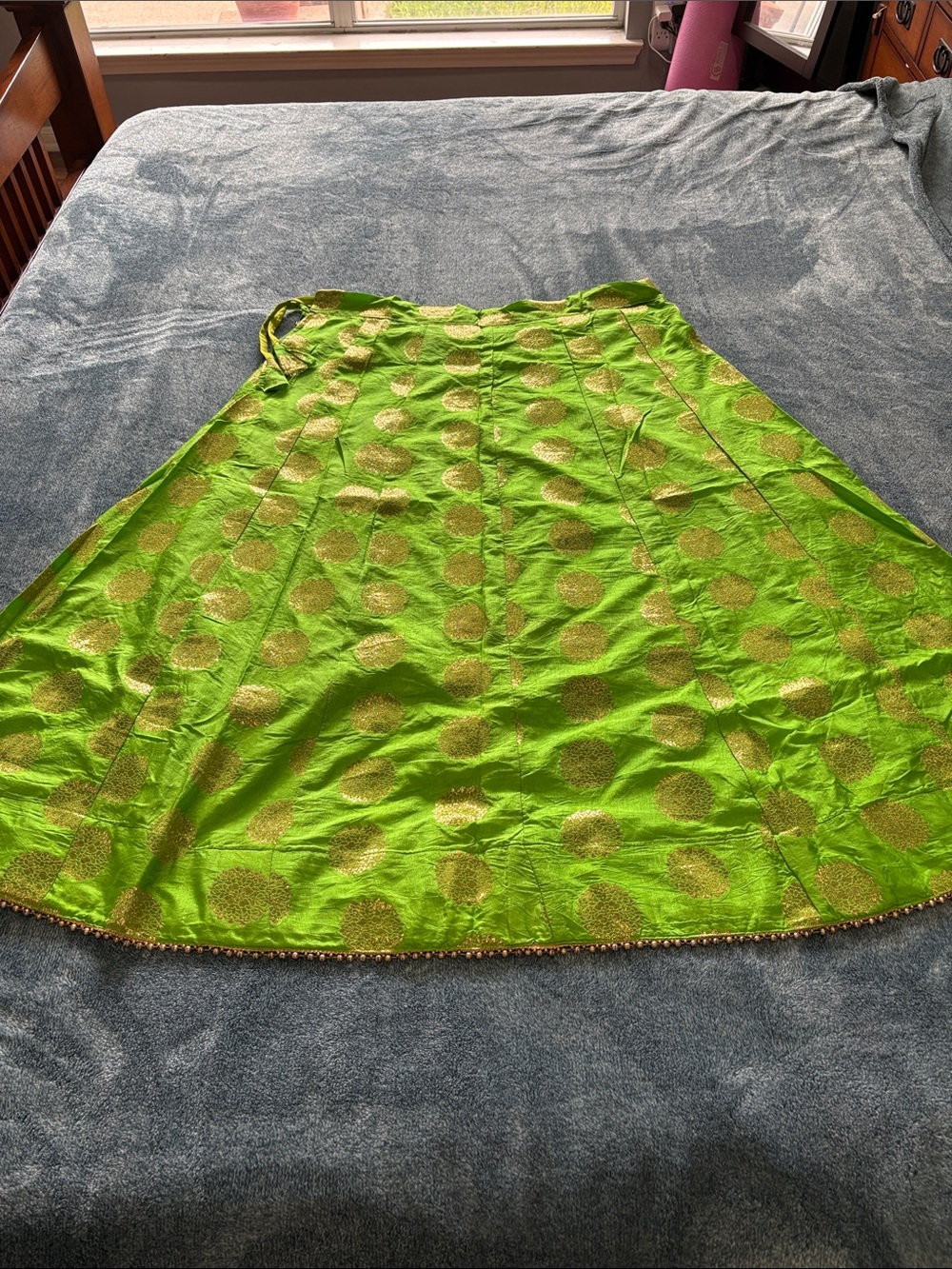 Vibrant Lime Green A-Line Lehenga skirt with Gold Polka Motifs